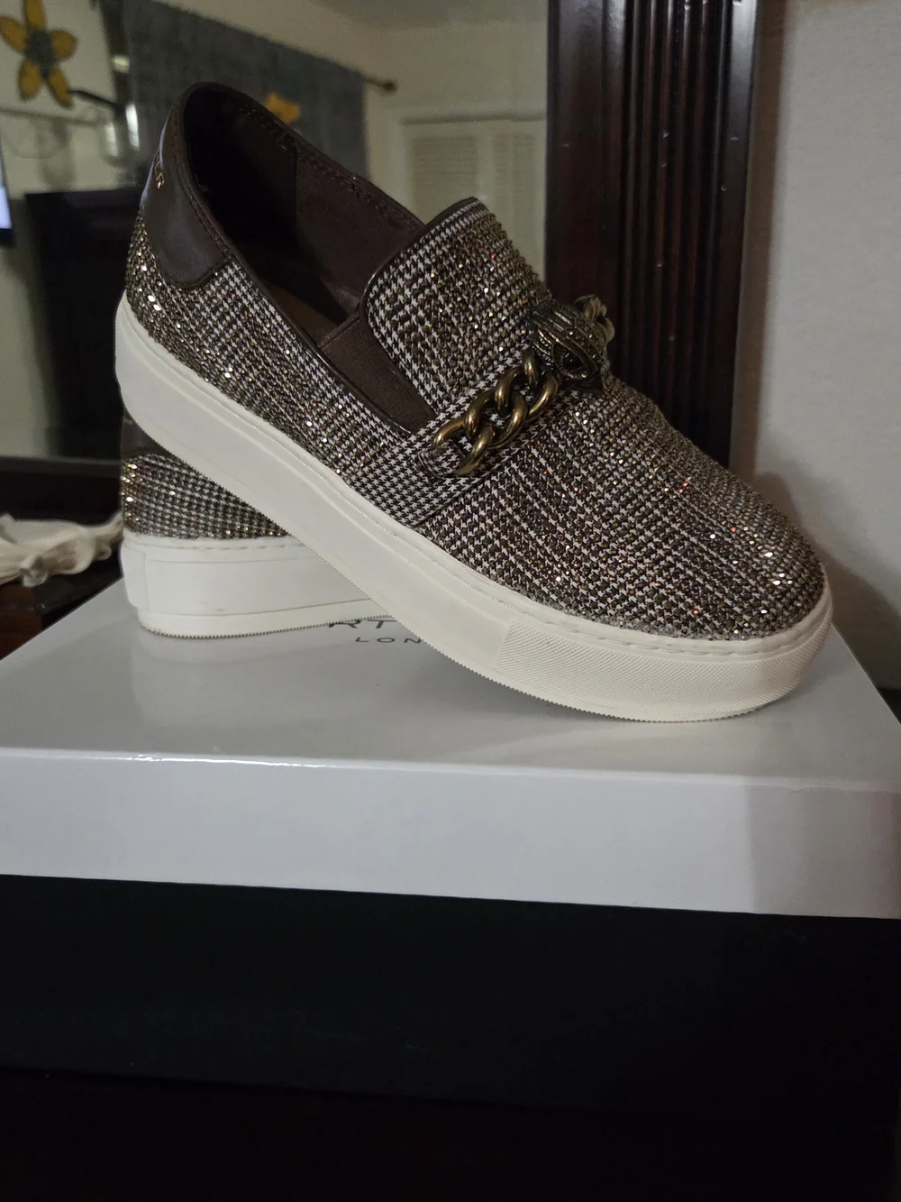 Kurt Geiger Brown Sparkle Chain Slip-On Sneakers